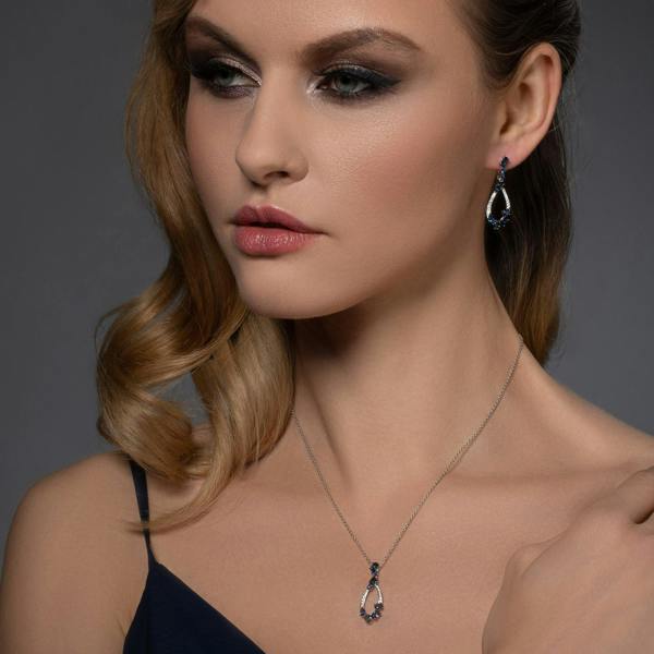 Sterling Silver Drop Pendant Necklace for Women with Blue Stones and Cubic Zirconia Gemstones - namana.london