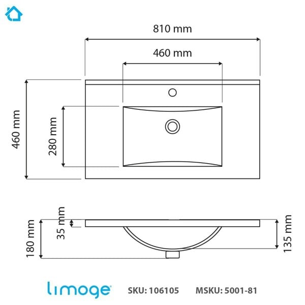 Limoge 5001 Ceramic 81cm Mid-Edge Inset Basin with Scooped Bowl