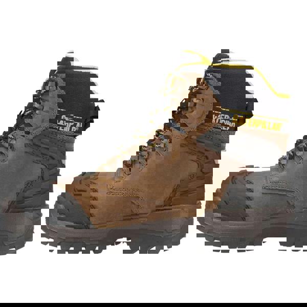 Caterpillar Striver XL 6" Mens Waterproof S7 Lace Up Safety Ankle Boots, rugged brown leather work boots with black and yellow accents, durable outsole, and steel toe protection.