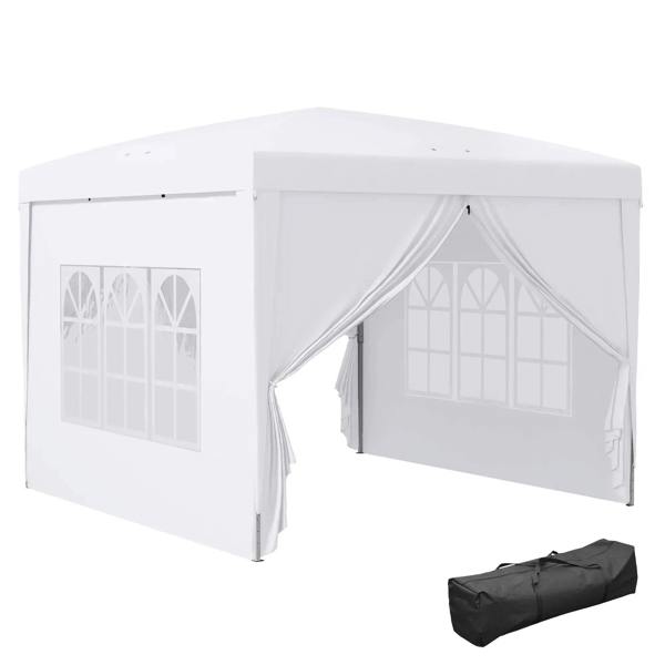 White pop-up gazebo canopy tent with side windows and draped curtains, includes carry bag