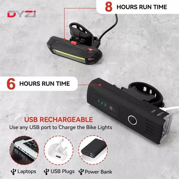 Dyzi Bike Bicycle Light Set USB Rechargeable 4 Modes Daylight Sensor