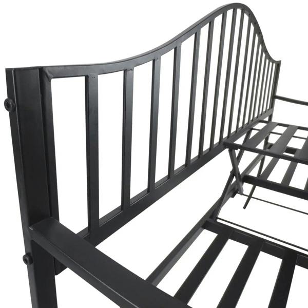 Black metal bench with tall arched backrest and folded mini table section