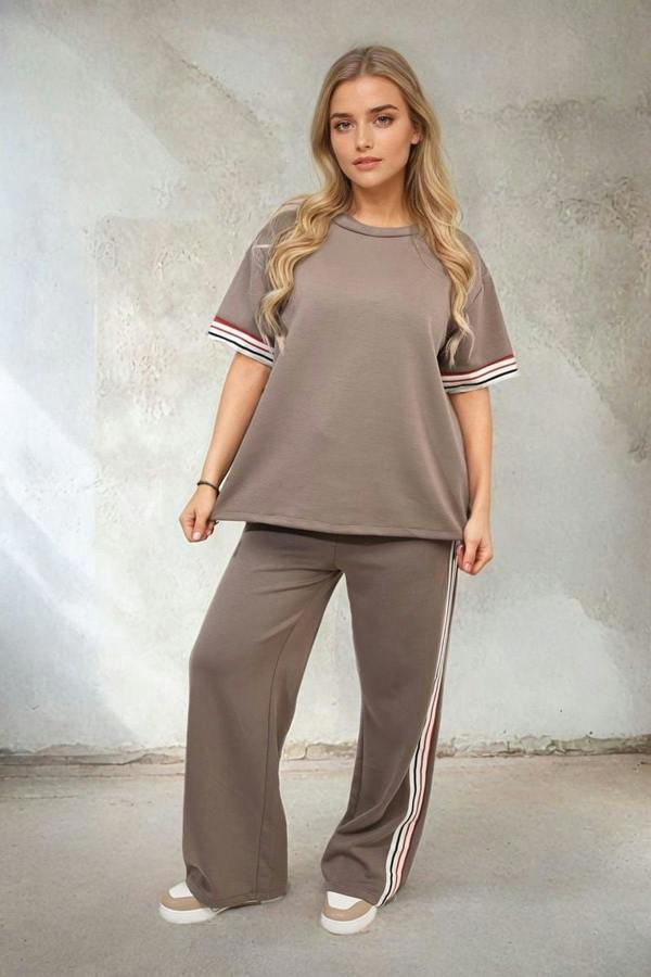 Jennifer Contrast Stripe Top And Wide Leg Trouser Co-ord Set - Mocha