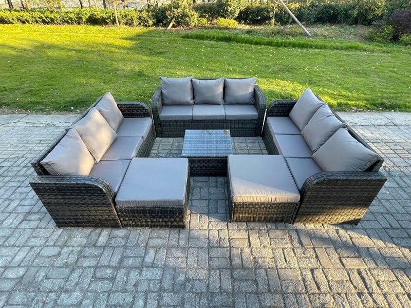Fimous 11 Seater Outdoor Rattan Garden Furniture Set Conservatory Patio Sofa Coffee Table With 2 Big Footstool Dark Grey Mixed