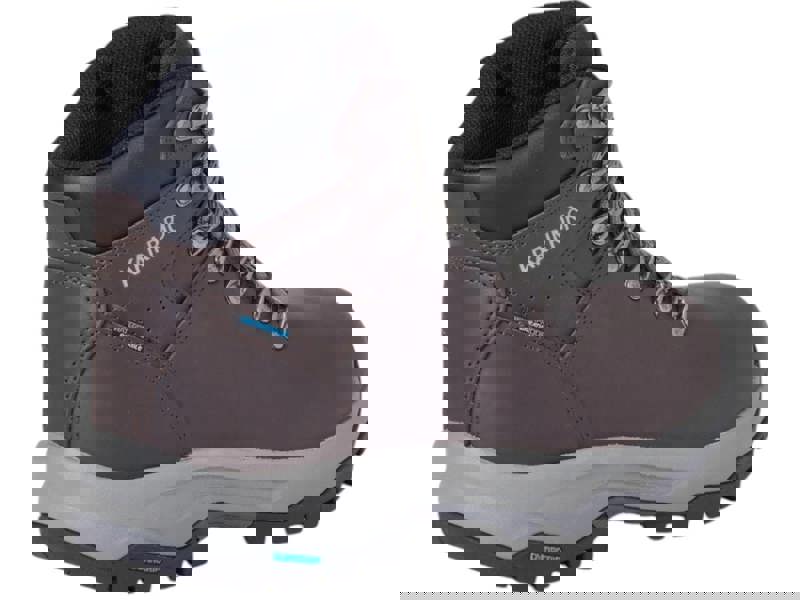 Karrimor Mendip 4 Womens Waterproof Hiking Trekking Ankle Boots, close-up view showing dark brown waterproof leather upper with grey laces, padded collar, and rugged rubber sole for outdoor terrain.