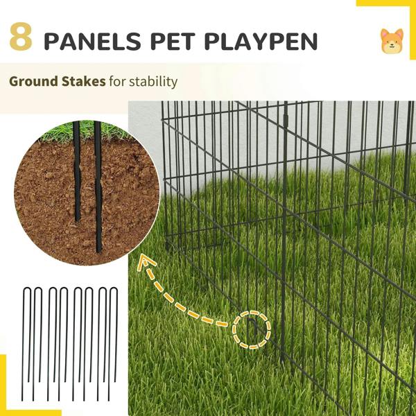 8-panel black pet playpen with ground stakes for stability, securing the fence panels