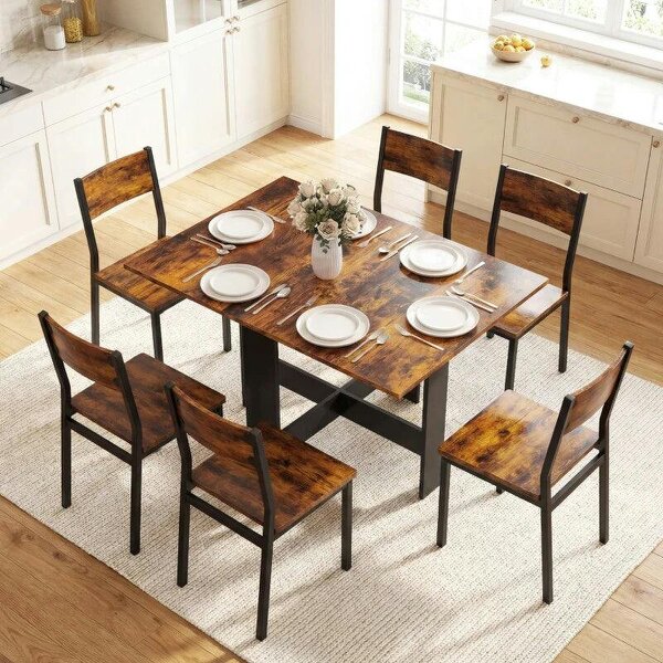 Folding Dining Table, Space-Saving Drop Leaf Kitchen Table for 4-6 People Rustic Brown - Rustic Brown
