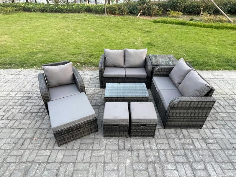 Fimous High Back Garden Set, Loveseat Sofa, Coffee Table, 3 Footstools and Side Table, Indoor Outdoor Patio Lounge, Dark Grey Mixed