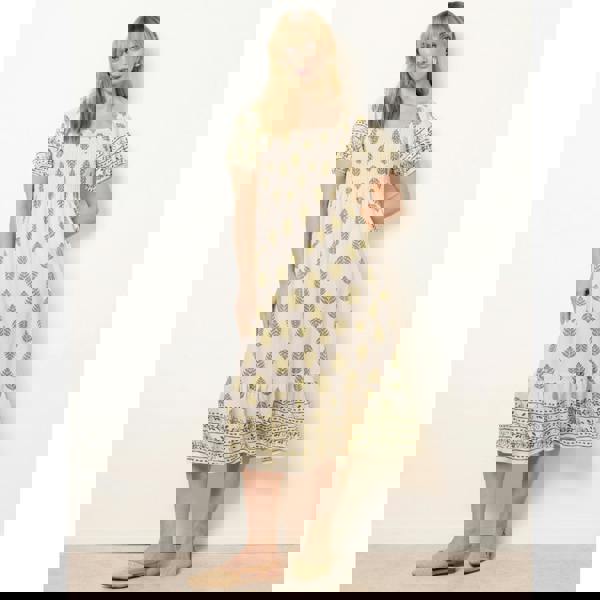 Blue Vanilla Square Neck Puff Sleeve Shirred Border Midi Dress