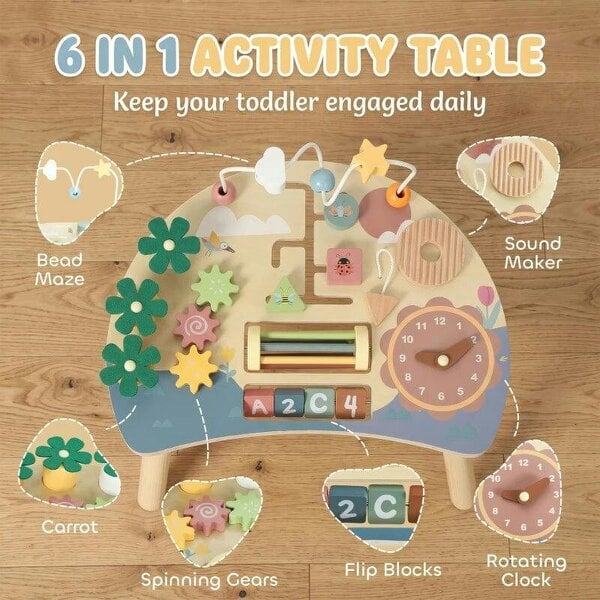 Wooden Baby Activity Table for 1-3 Years, 6-in-1 Montessori Activity Table with Gears, Bead Maze, Rotating Clock