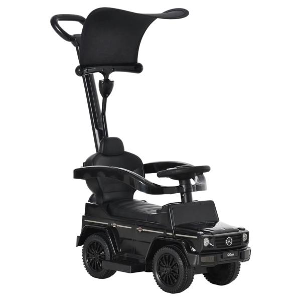 Black kids ride-on push car with steering wheel and padded seat, front view