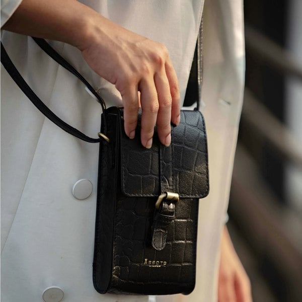 Assots London 'PETRA' Black Croc Real Leather Mobile Phone Crossbody Bag