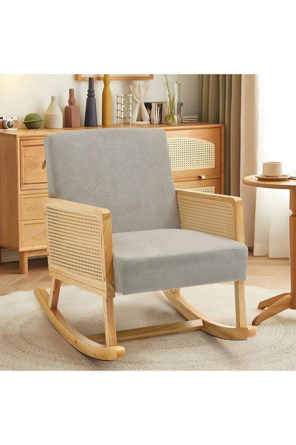 Living and Home Grey Linen Wooden Rocking Chair