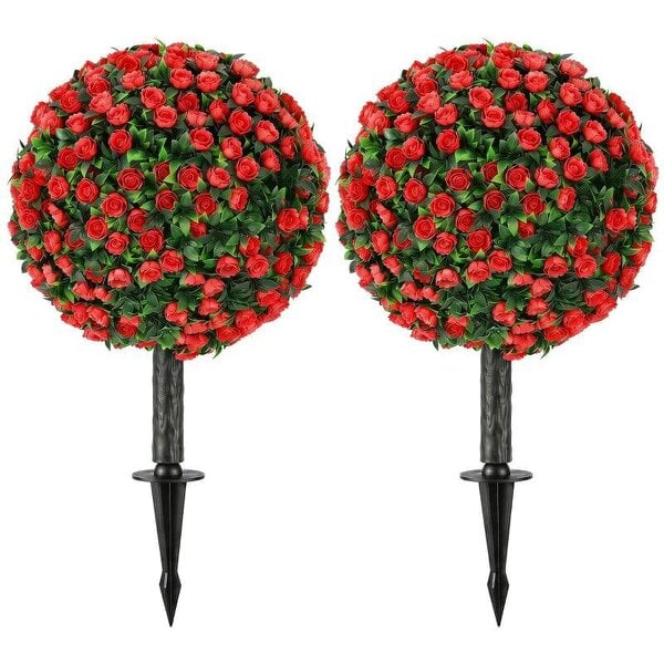 Artificial Rose Topiary UV Resistant, 2-Pack Fake Plants, 55 cm, Red
