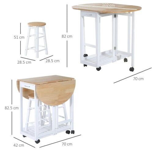 Bobobiy 3 Pieces Dining Room Set, Mobile Foldable Dining Table and 2 Stools with Storage Shelf, 2 Drawers and 6 Wheels, White