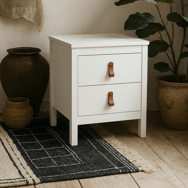 Wyld Haus Wildberry Matt White Wooden Bedside Table 2 Drawers Leather Handles