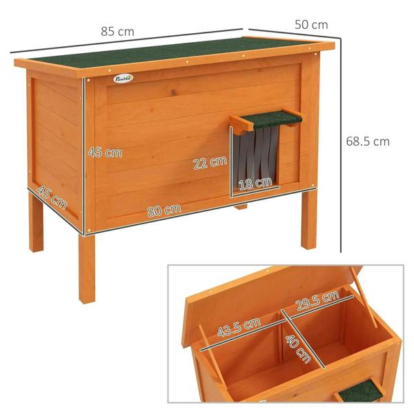Orange wooden cat house with front opening and dark green roof mat, side view