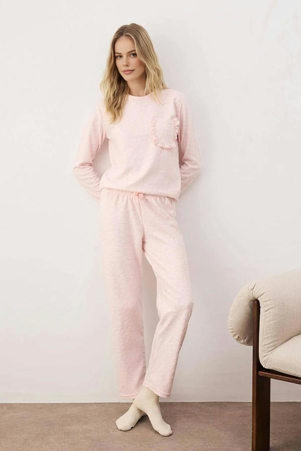 WOVCOR 2-Piece Heart Patterned Ruffled and Pocketed Knitted Pajama Set