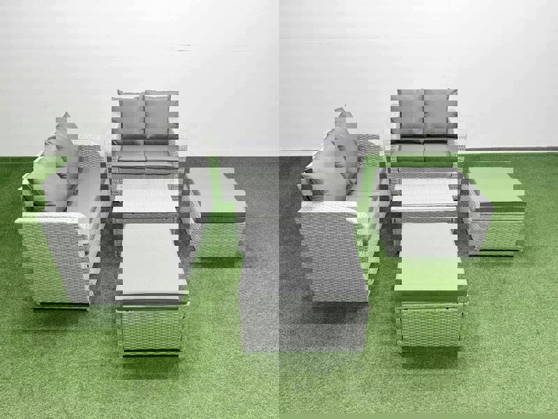 Fimous 6 Seater Outdoor Love Sofa Set Rattan Garden Furniture Set with Rectangular Coffee Table 2 Footstool Light Grey