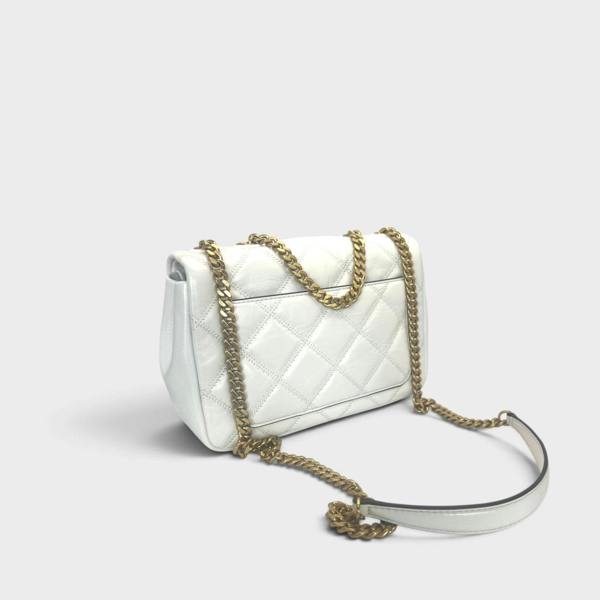 Supplied Fashion Willa glazed white leather shoulder bag with quilted texture and gold chain strap