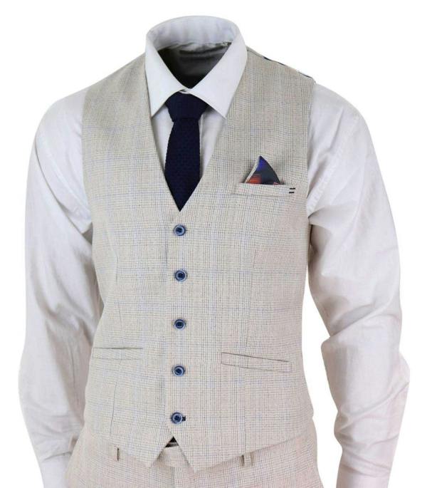 House of Cavani Mens 3 Piece Cream Check Tweed Herringbone Vintage Classic Suit