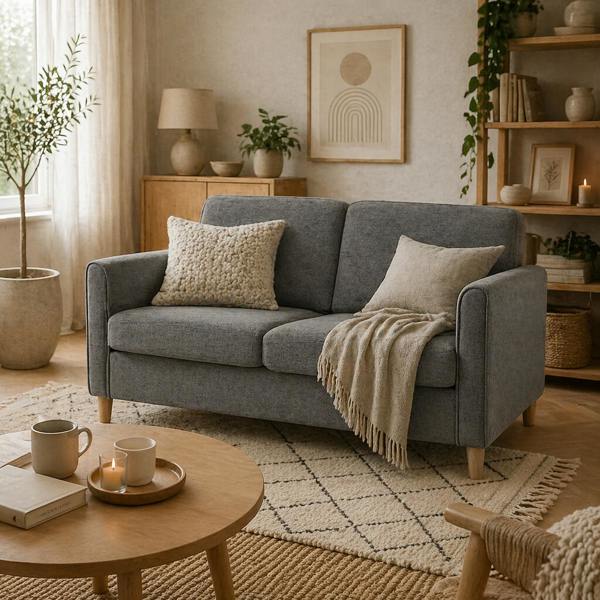 Wyld Haus Loveka Fabric Grey Compact 2 Seater Sofa With Wooden Legs And Armrests