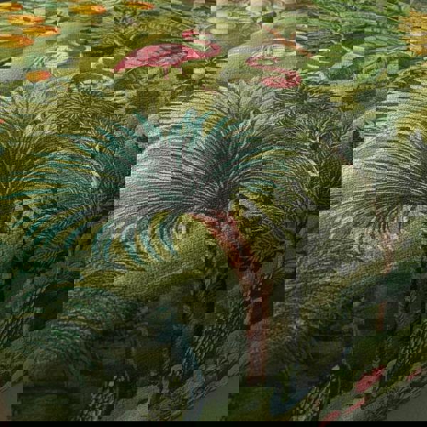 Rectangular upholstered dining bench seat with vibrant multi-toned abstract fabric