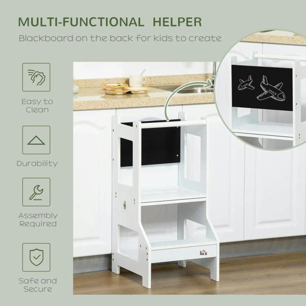 White kids step stool with chalkboard backing for writing and safe side rails
