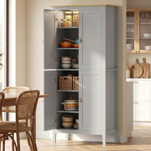 HOMCOM 176.5 cm Tall Freestanding Pantry Storage Cabinet with 4 Doors Grey