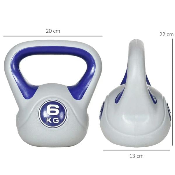 6 kg kettlebell grey body with purple handle, front and side view with size marks