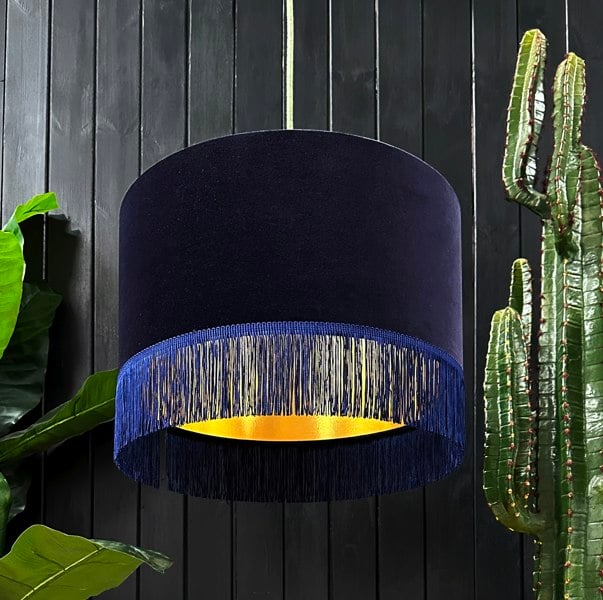 love frankie indigo velvet lampshade with gold lining and fringing