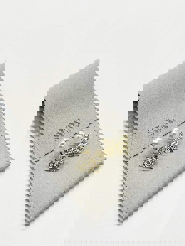 SVNX Pearl Leaf Earrings in Light Gold Plating - Gift Boxed