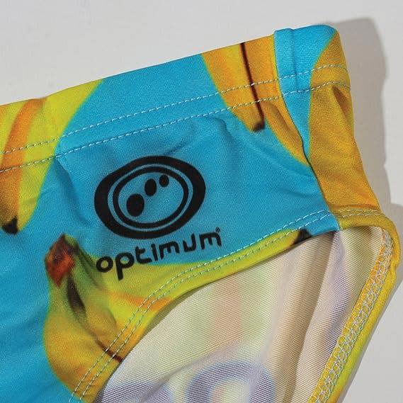 Optimum Tackle Trunks swim brief, close-up of hip with black Optimum logo on banana and blue print - Optimum