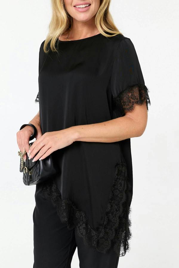 Black | Lace Trim Asymmetric 1/2 Sleeve Top