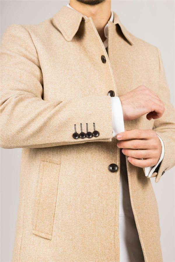 Infinity Leather Men's Wool Blend Classic Collar Beige Overcoat