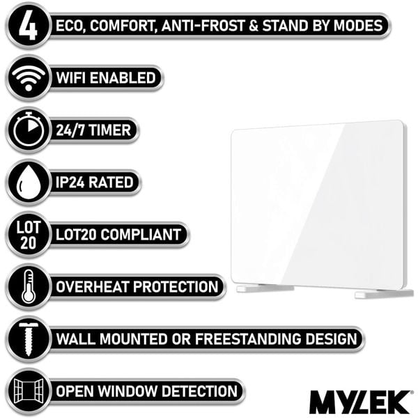 Mylek Radiator Glass Panel Heater White Slimline, Wifi Enabled Smart APP