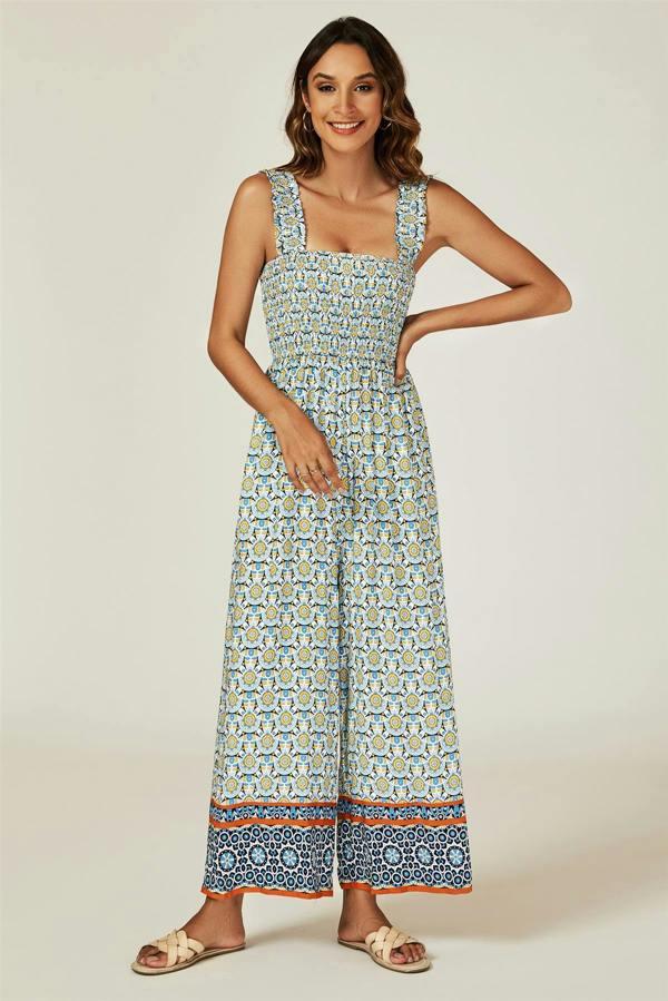 FS Collection Geo Print Stretchy Smocked Wide Leg Jumpsuit In Blue
