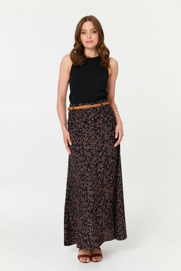 Navy | Leaf Print Belt High Waist Maxi Skirt
