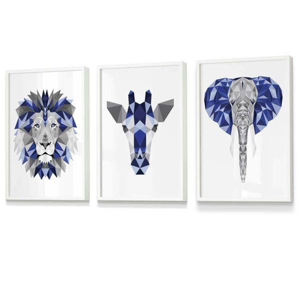 Set of 3 Blue & Grey Framed Art Prints Jungle Giraffe Lion Elephant | Artze Wall Art UK