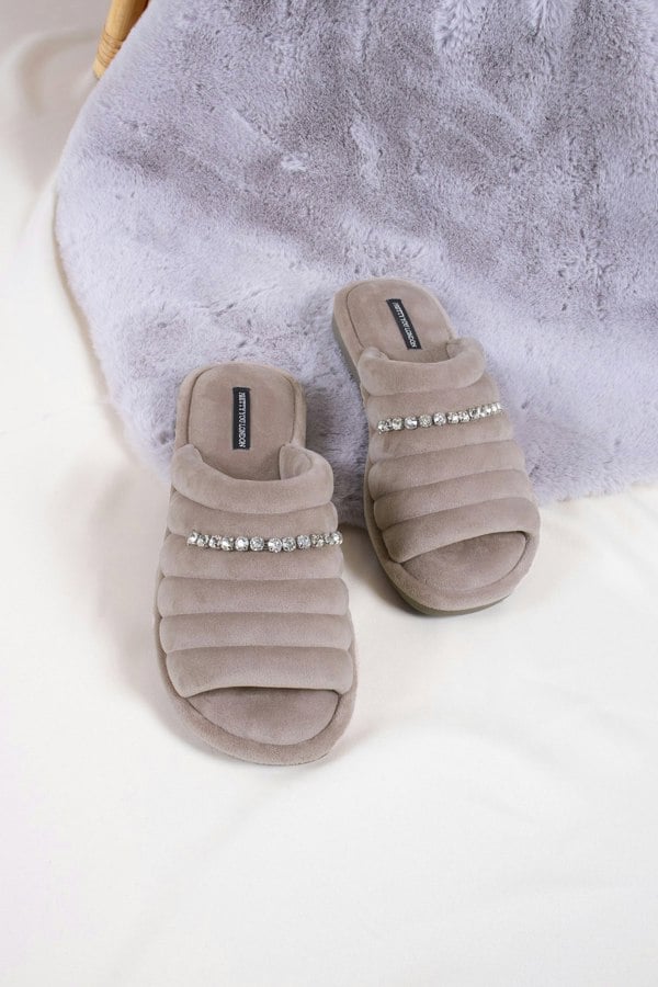Frankie women's slider slippers in mink combining super-soft microfibre materials with a glistening crystal diamante strap from Pretty You London
