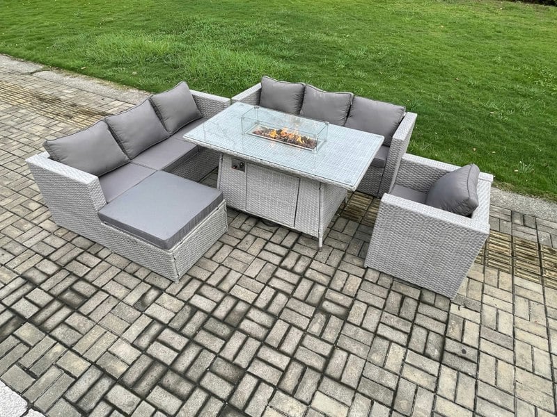 Fimous 8 Seater Outdoor Garden Dining Sets Rattan Furniture Gas Fire Pit Dining Table Gas Heater with Armchair Big Footstool Light Grey