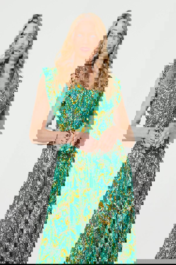 Green | Leaf Print Frilled Sleeveless Midi Dress
