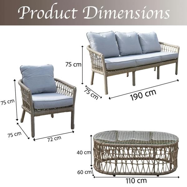 Shatchi Capri 5-Seater Natural Woven Rattan Garden Furniture Sofa Set with Open Weave Design & Coffee Table