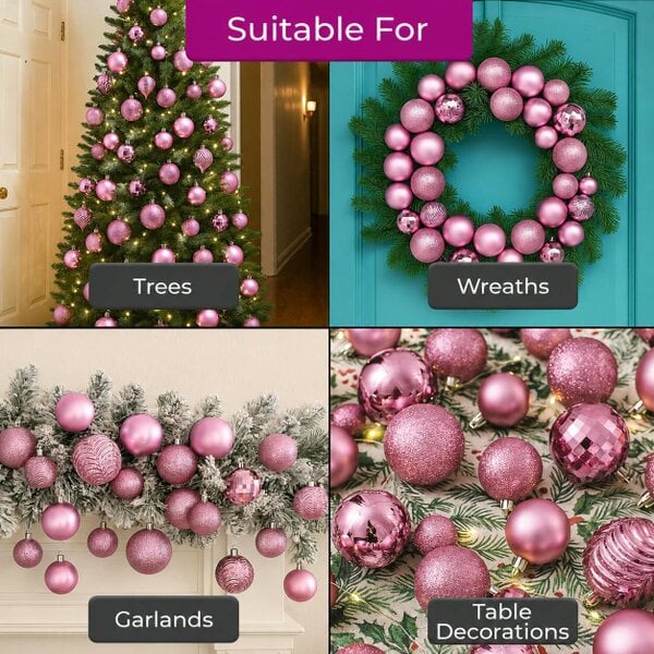 Neo Frosted Pink 36PCS Christmas Tree Ornaments Set Baubles Glitter Balls Holiday Festive Decorations Assorted Sizes Colours Home Party Décor
