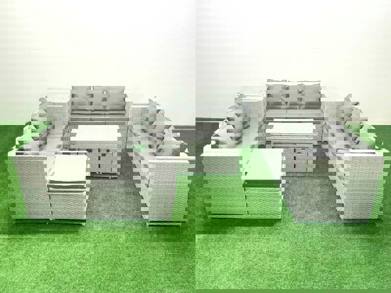 Fimous Rattan Garden Outdoor Furniture Set 12 Seater Garden Sofa Oblong Coffee Table Set with 3 Footstools Side Table Light Grey Mixed