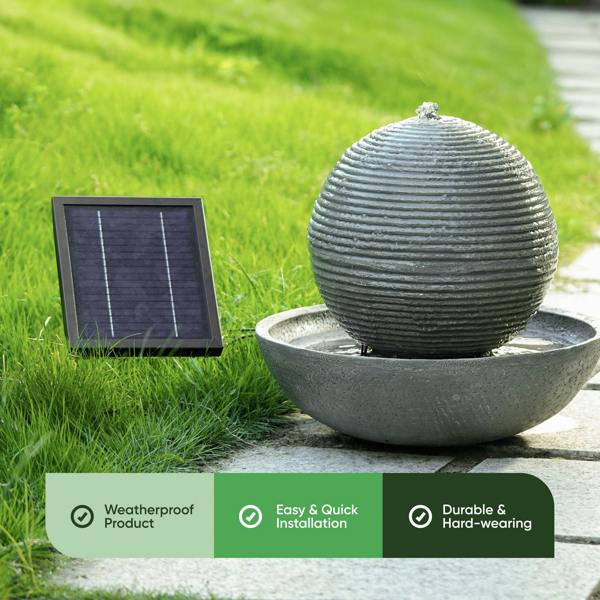 Gardenwize Solar Powered Ribbed Sphere Water Feature with LED Light & Battery Backup – Garden Fountain for Patio, Decking, Balconies & Outdoor Spaces