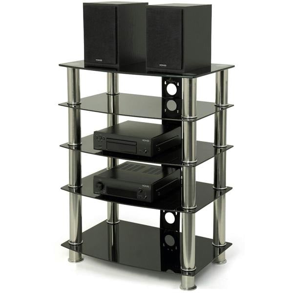 Homeology Galago 5-Shelf Premium Black Glass with Silver Legs AV Rack