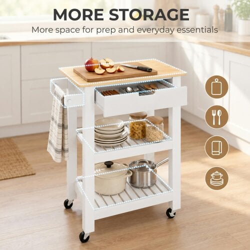 HOMCOM Kitchen Trolley Utility Cart on Wheels with Rubberwood Worktop White