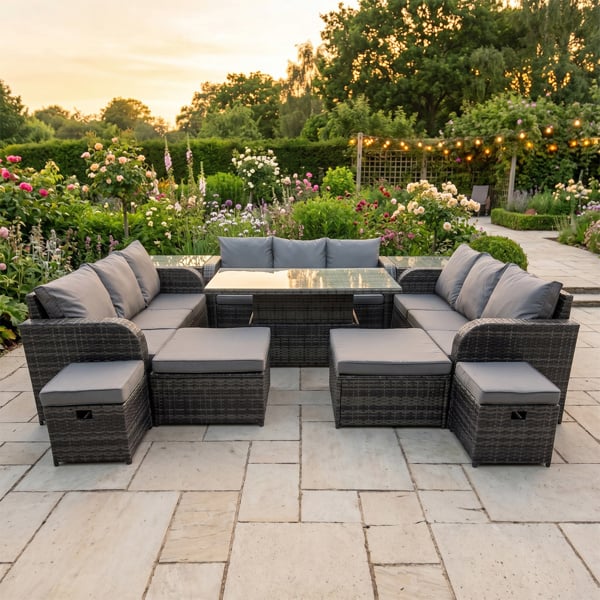 Fimous 13 Seater Rattan Garden Furniture Set with Height Adjustable Dining Table, 3 Sofas, 2 Side Tables & 4 Footstools - Dark Grey Mixed