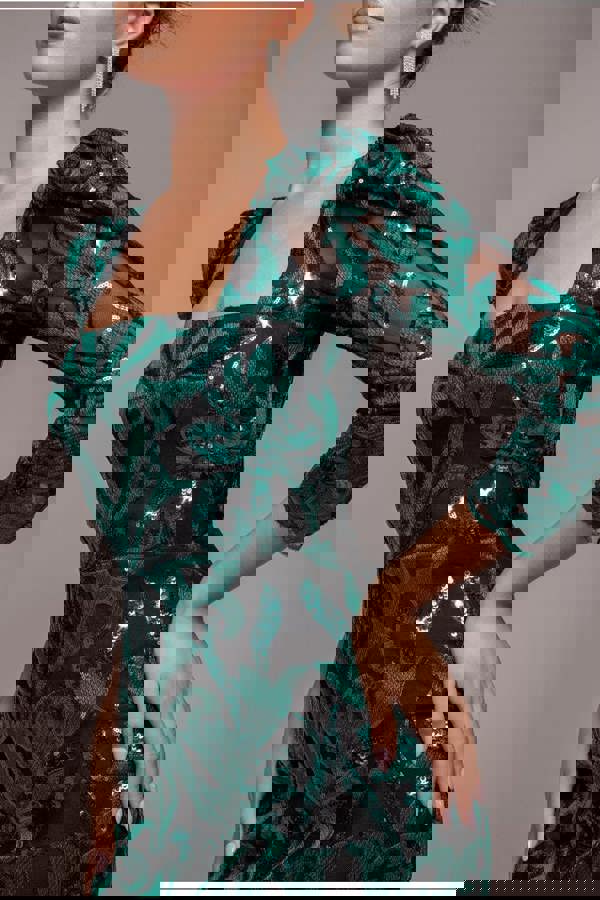 Square Neck Scalloped Embroidered Sequin Midi Dress - Emerald Green DR4124